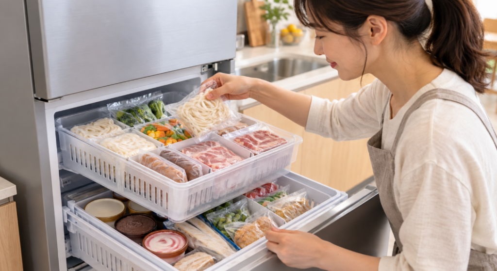 2段式の冷凍室から冷凍食品を取り出す女性と整理された収納