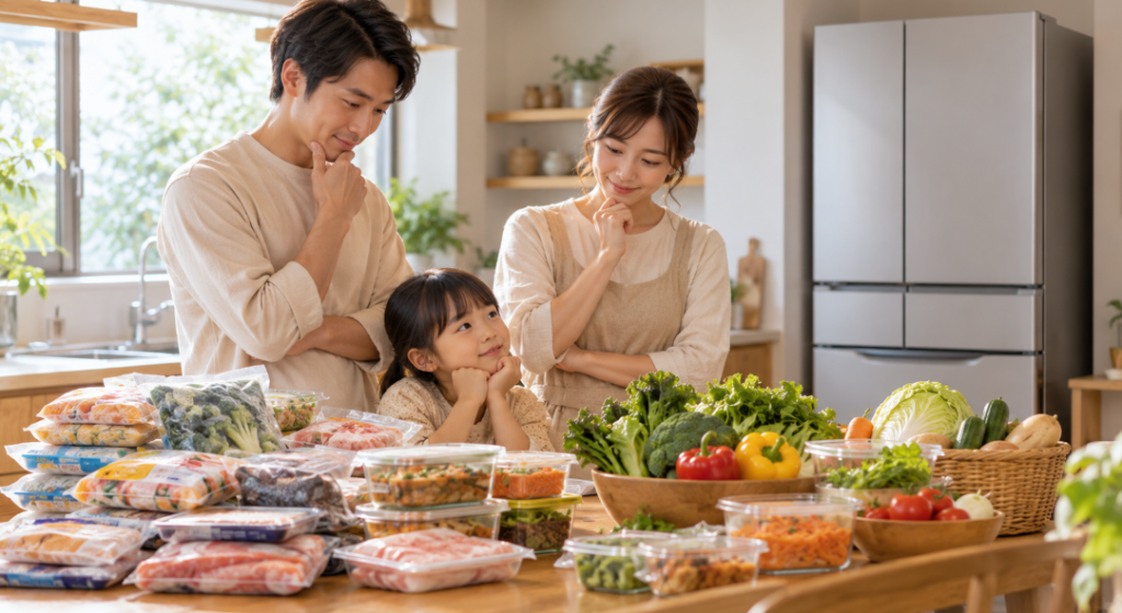 冷凍食品と野菜を前に家庭に合う冷蔵庫を検討する日本人家族