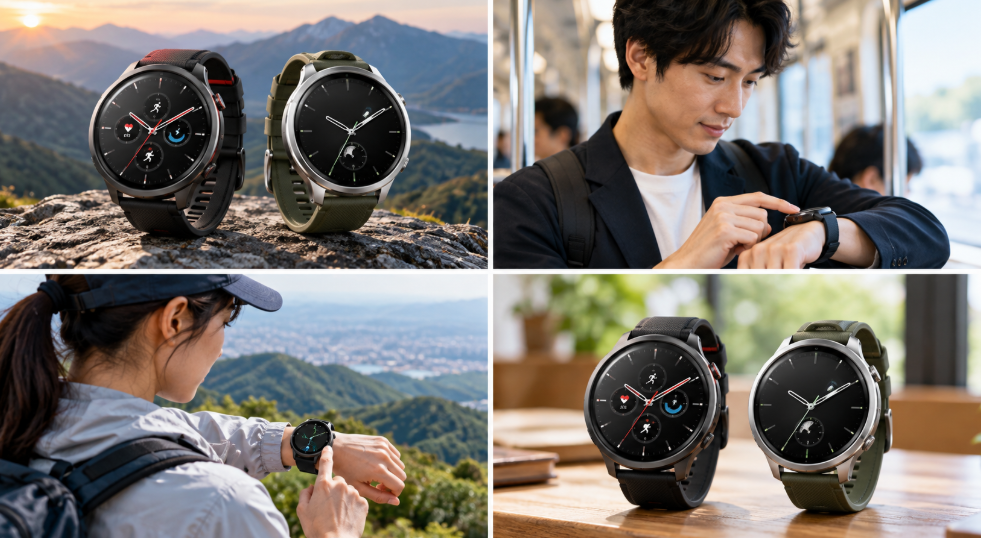 Amazfit Active MaxとXiaomi Watch S5の外観や通知・GPS利用シーンを表した比較イメージ