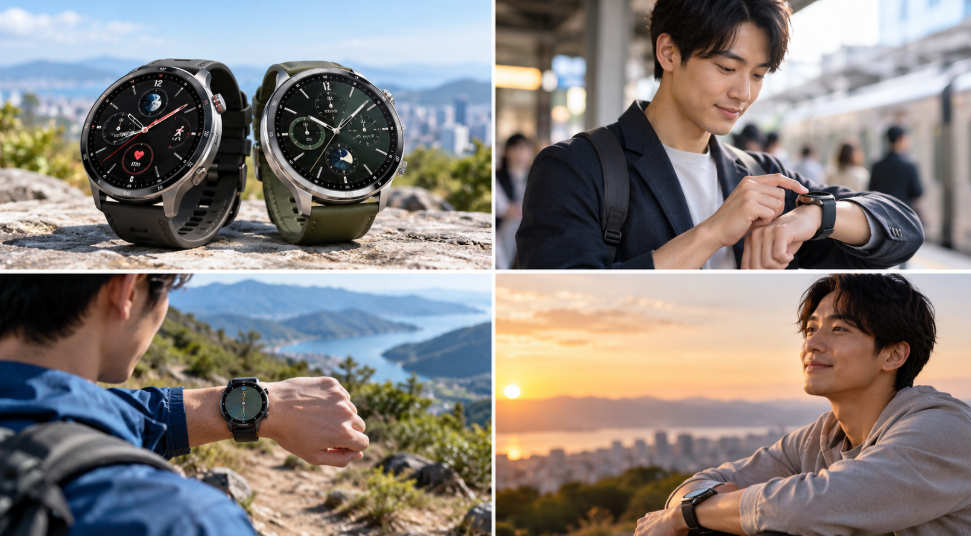 スマートウォッチの通知確認やGPSナビ、屋外での利用を表したAmazfit Active MaxとXiaomi Watch S5の比較イメージ