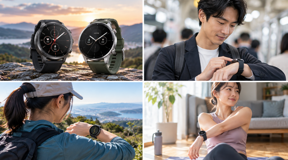 Amazfit Active MaxとXiaomi Watch S5を通勤・ハイキング・健康管理で使う場面を表した比較イメージ