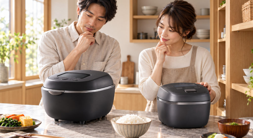 JRT-A100とJRI-S100を前にサイズや使い方を比較して選ぶ日本人夫婦