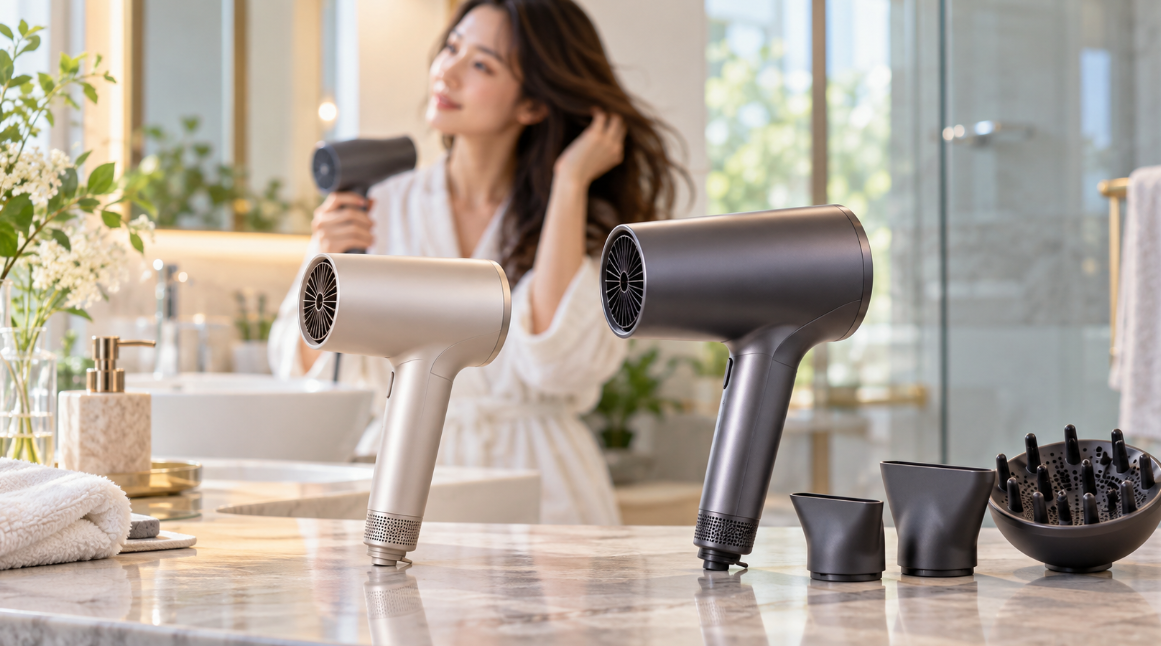 EH-NB70とEH-NA0Kを比較する2台のヘアドライヤーと付属ノズル