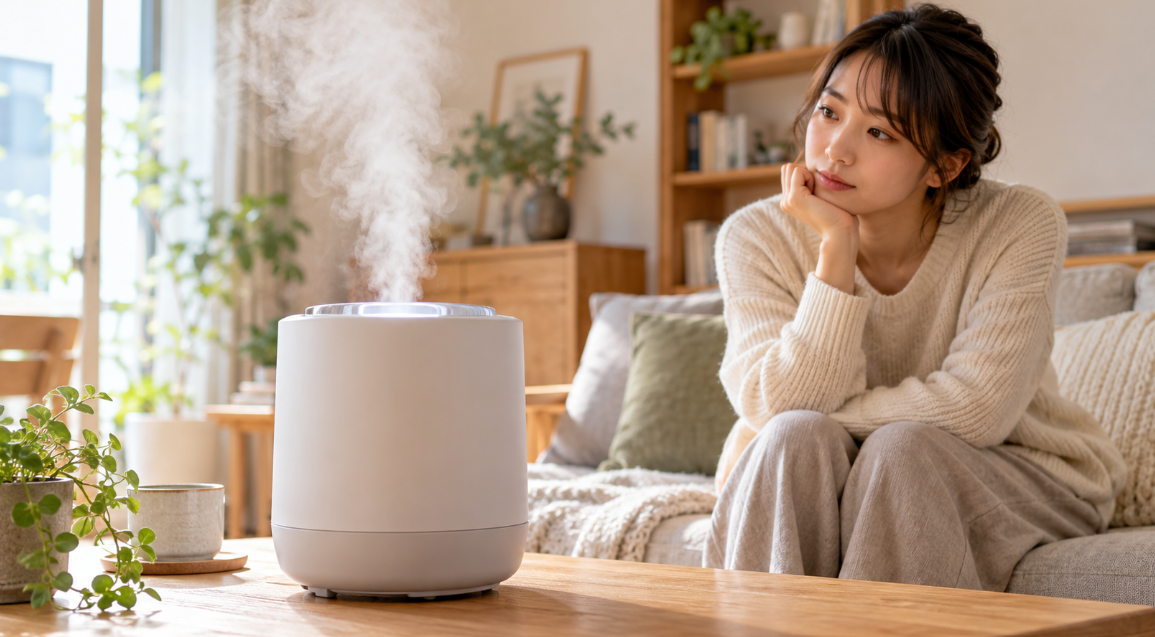 ゴリ霧中 GRK-2601の購入を検討しながらスチーム式加湿器を見つめる女性