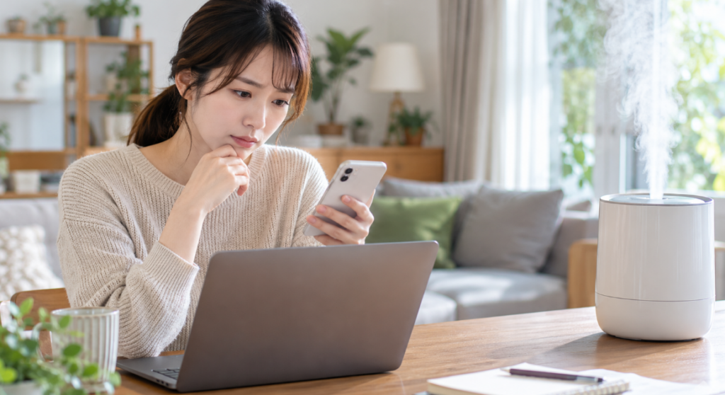 ゴリ霧中 GRK-2601の口コミや仕様をスマホとパソコンで調べる女性