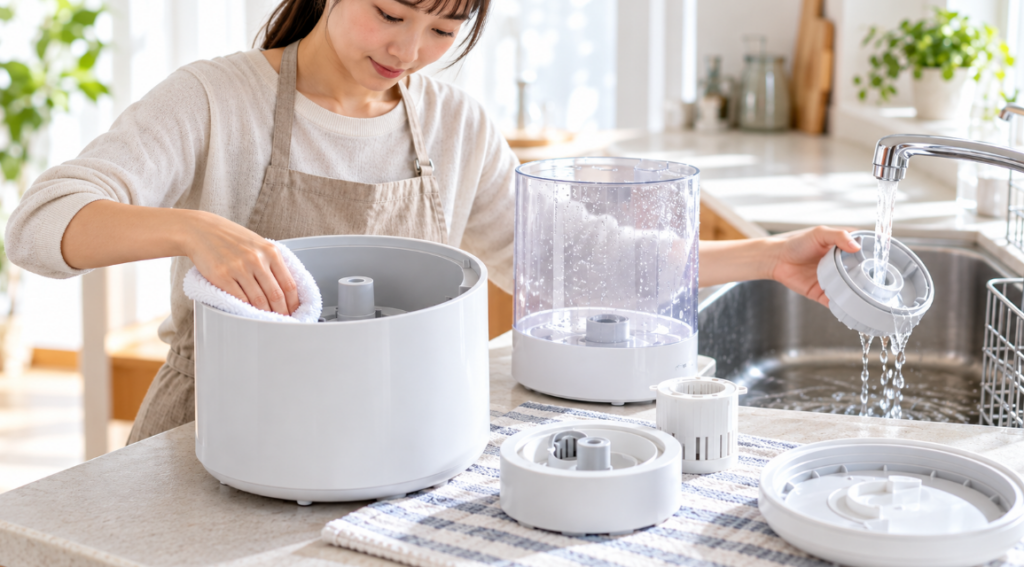 スチーム式加湿器を分解して水洗いと拭き掃除をするお手入れの様子