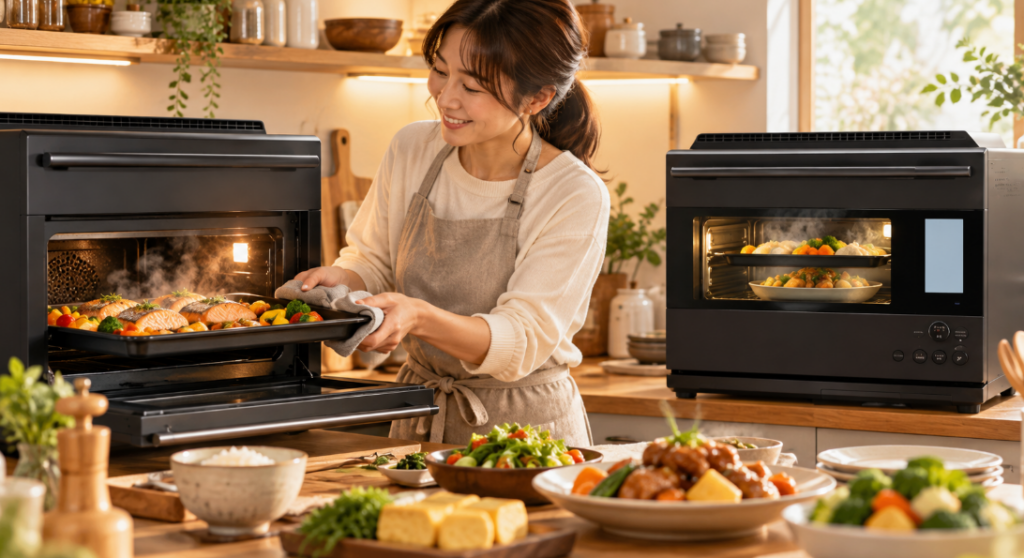 ウォーターオーブンで複数の料理を調理する日本人女性と食卓に並んだ家庭料理