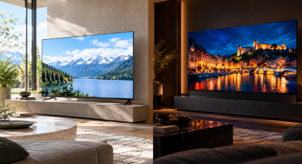 明るい部屋と暗い部屋で65型テレビの画質や色表現の違いを比較するイメージ