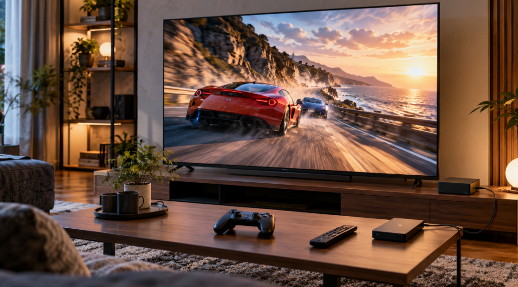 4Kゲームを映すテレビとゲームコントローラー、外付けHDDを配置した録画・ゲーム性能のイメージ