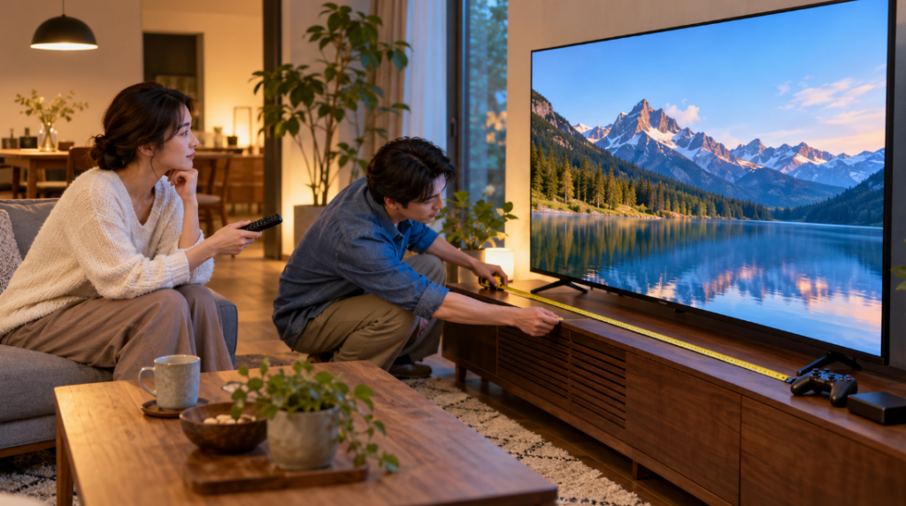 65型テレビの設置スペースを測りながら購入機種を比較する日本人男女のイメージ