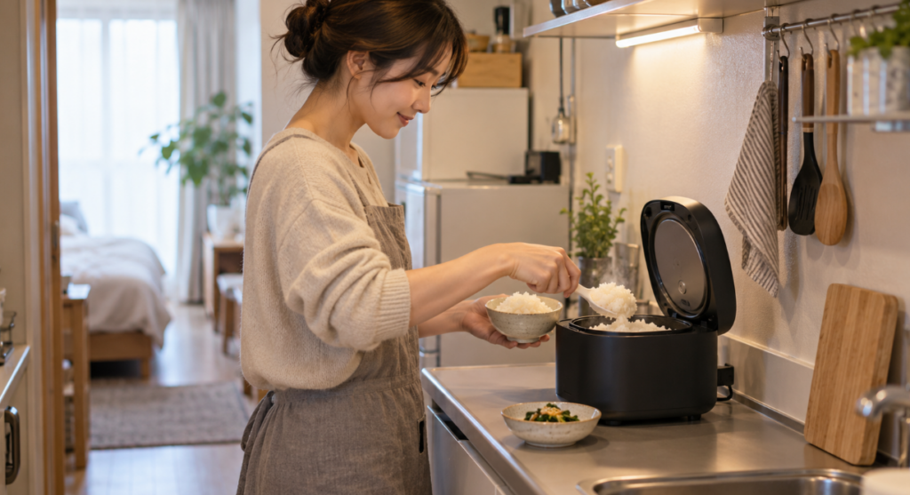 一人暮らしのコンパクトなキッチンで小型炊飯器からご飯をよそう女性