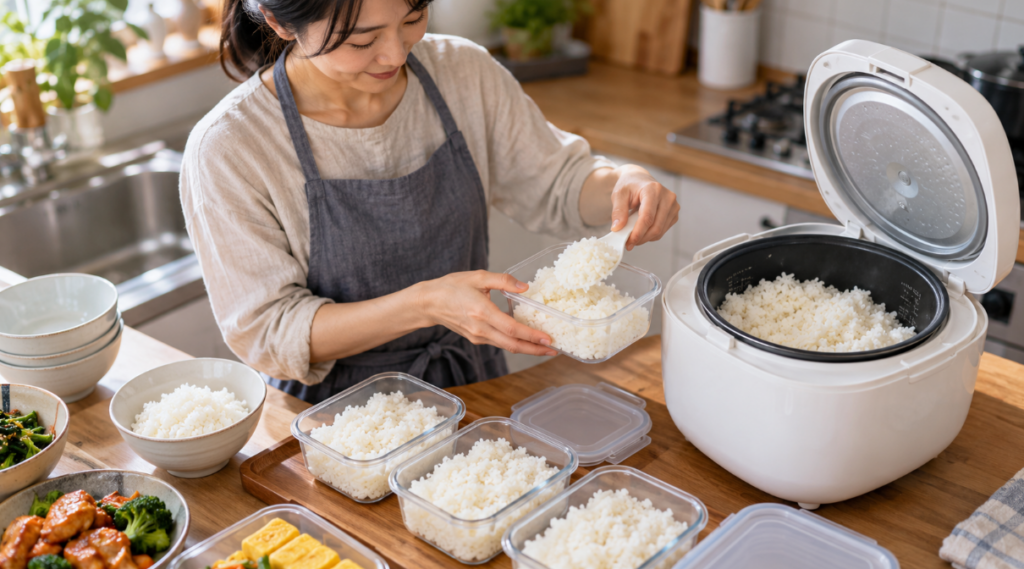 5.5合クラスの炊飯器で炊いたご飯を保存容器に分けてまとめ炊きする様子