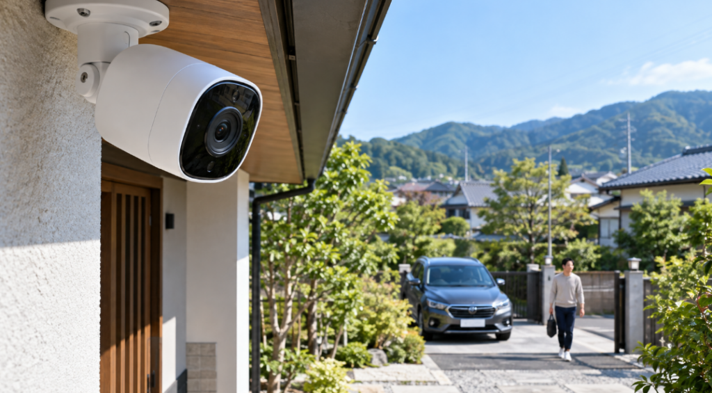 住宅の軒下に設置された屋外防犯カメラと駐車場を歩く人物。4K Plusの高画質・ズーム性能を説明するイメージ