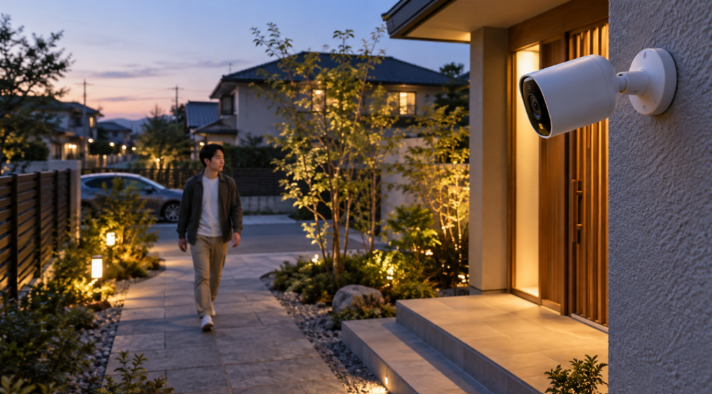 夕暮れの住宅玄関に設置された屋外防犯カメラと歩く人物。3Dモーション検知による見守りのイメージ