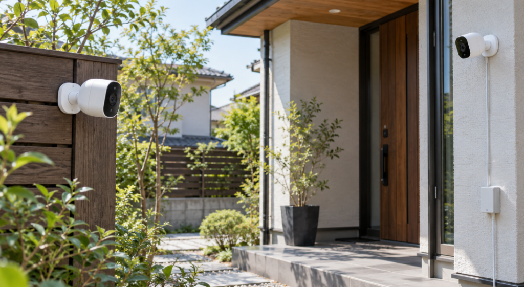 住宅の木製フェンスと玄関の壁に設置された屋外防犯カメラ。バッテリー式と電源アダプター式の設置イメージ
