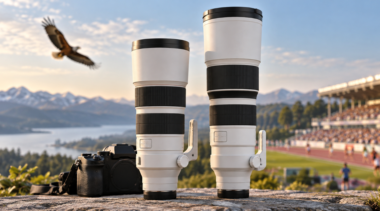 SEL400F45GMとSEL600F63GMの違いを比較する2本の白い超望遠レンズとカメラ