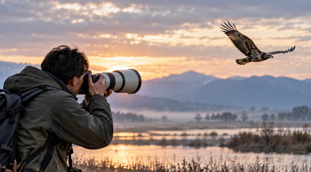 早朝の湿原で白い超望遠レンズを使い、飛行する野鳥を撮影する日本人カメラマン