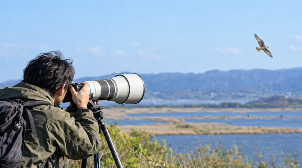 SEL600F63GMのような長い超望遠レンズと三脚で遠くを飛ぶ野鳥を撮影する日本人カメラマン