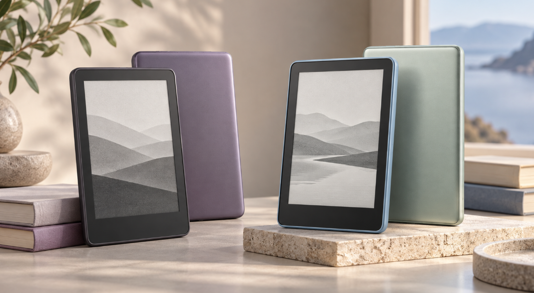 Kindle 2026年モデル16GBと32GBの違いをイメージした、黒・紫系と青・緑系の電子書籍リーダーの比較画像