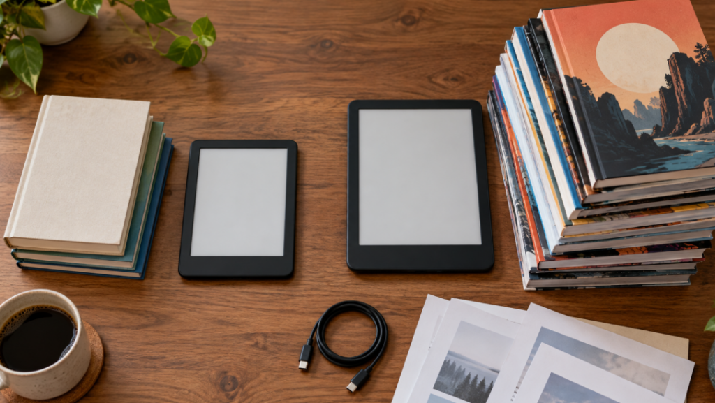Kindle 16GBと32GBの保存容量の違いを表現した、電子書籍リーダーと小説・漫画の本を並べた画像