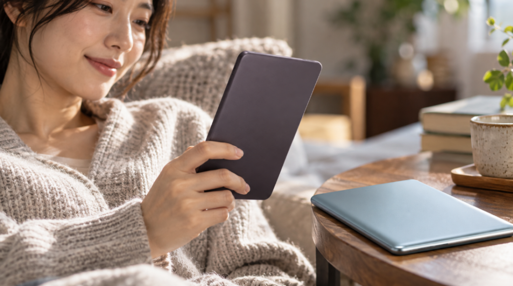 紫色の電子書籍リーダーを片手で持つ日本人女性と、机に置かれた青色の端末の背面を写した画像