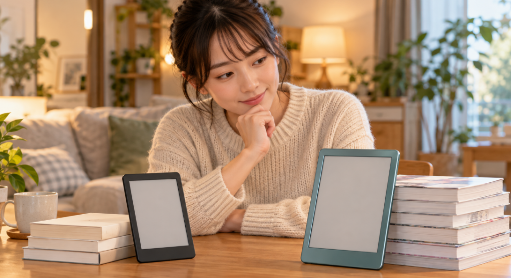 Kindle 16GBと32GBの選び方をイメージした、小説と漫画の本を添えた2台の電子書籍リーダーを見比べる日本人女性