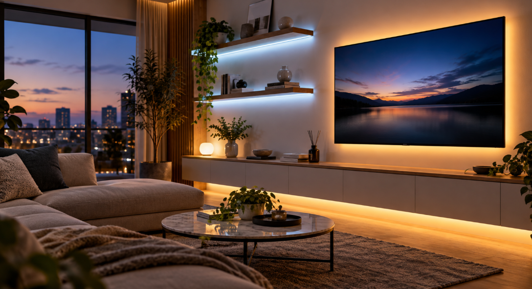LEDテープライトでテレビ裏や棚下を電球色と昼光色に照らしたリビングの間接照明