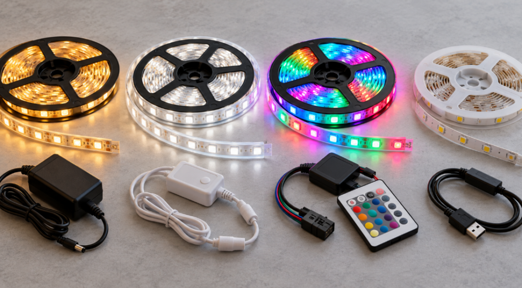 暖色・白色・多色発光など4種類のLEDテープライトをリールと付属品で並べた比較イメージ