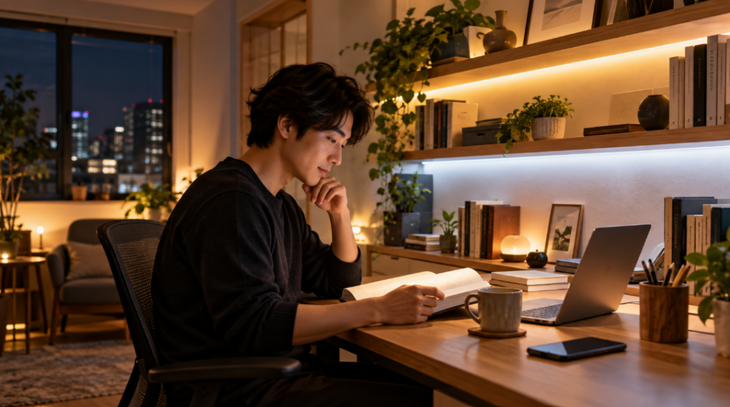 電球色と昼光色のLEDテープライトを棚下に設置した、読書や在宅ワーク用のデスク