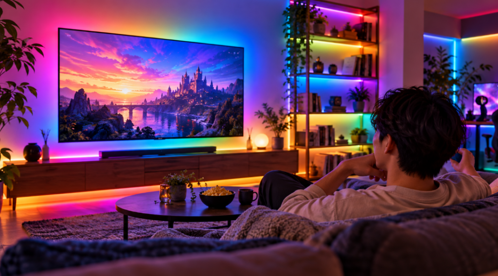 RGBICテープライトの多色グラデーション照明でテレビ裏や棚を彩ったゲーム部屋