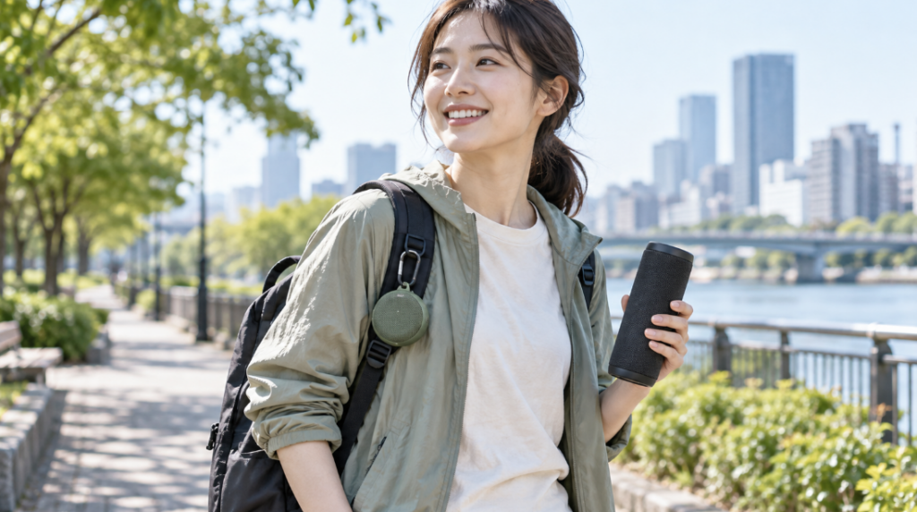 川沿いを歩く女性が縦長スピーカーを手に持ち、バッグに小型スピーカーを吊るしたJBL GripとClip 5の携帯性比較イメージ