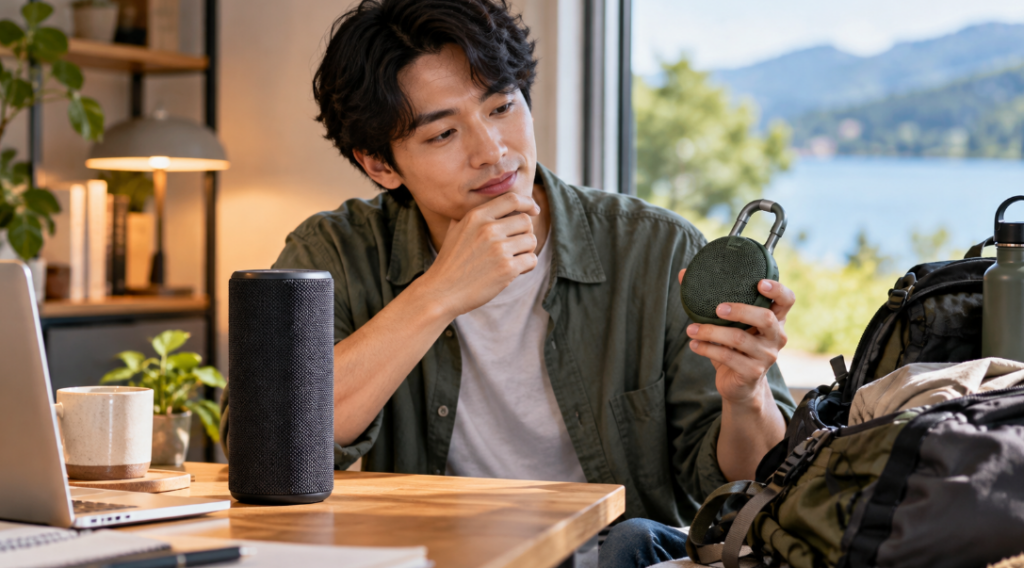 机に置いた縦長スピーカーと手に持ったカラビナ付き小型スピーカーを見比べる男性のJBL GripとClip 5の選び方イメージ
