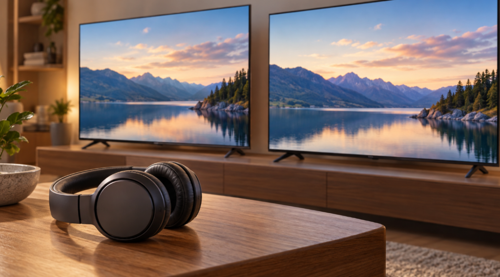 REGZA 40V35Tと40V35SのBluetoothの違いをイメージした2台のテレビとワイヤレスヘッドホン