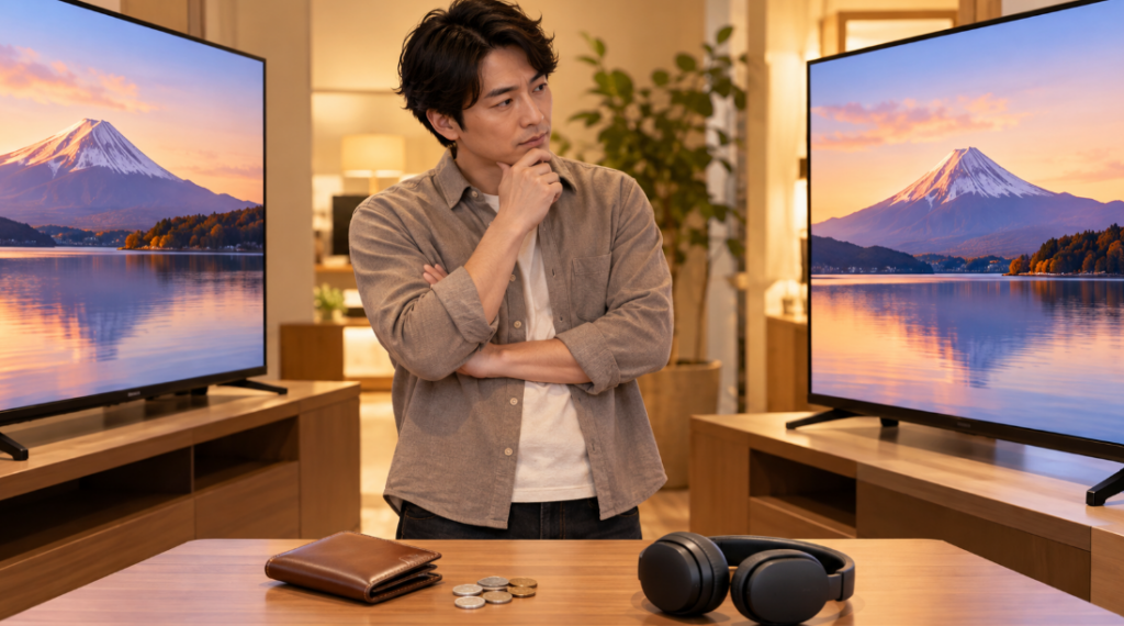 REGZA 40V35Tと40V35Sの購入を検討する男性が2台のテレビを見比べるイメージ