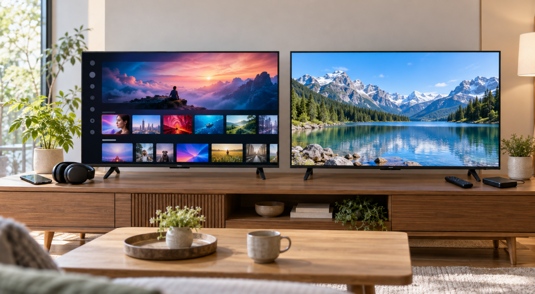 REGZA 40V35Sと40S25Sの違いを比較するイメージ。ネット動画画面と風景映像を映す2台のテレビ