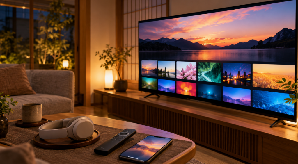 テレビにネット動画の一覧を表示し、スマホやワイヤレスヘッドホンを並べた40V35Sの便利機能のイメージ