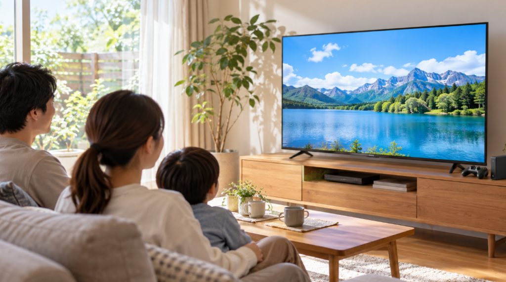 液晶テレビで自然の映像を楽しむ日本人家族と、テレビ台に置かれた録画機器やゲームコントローラー
