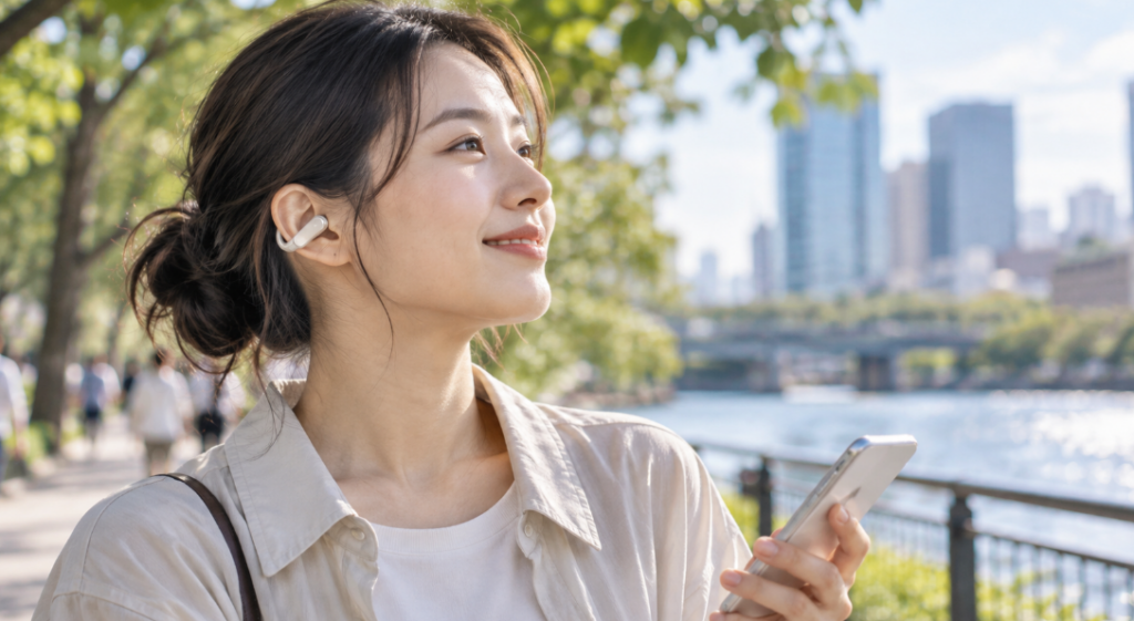 川沿いでイヤーカフ型オープンイヤーイヤホンを装着し、スマホで音楽を楽しむ女性