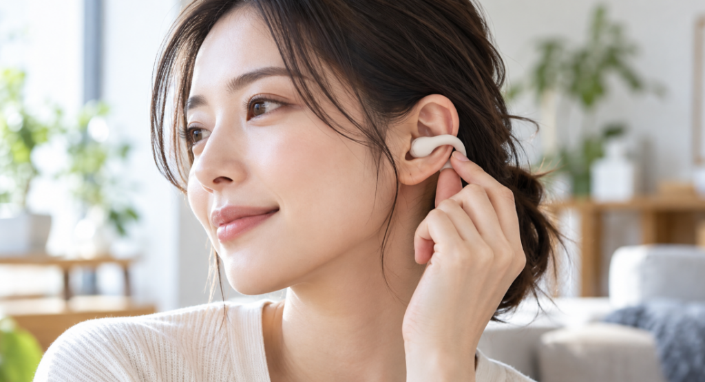 イヤーカフ型オープンイヤーイヤホンの装着位置を指で調整する日本人女性