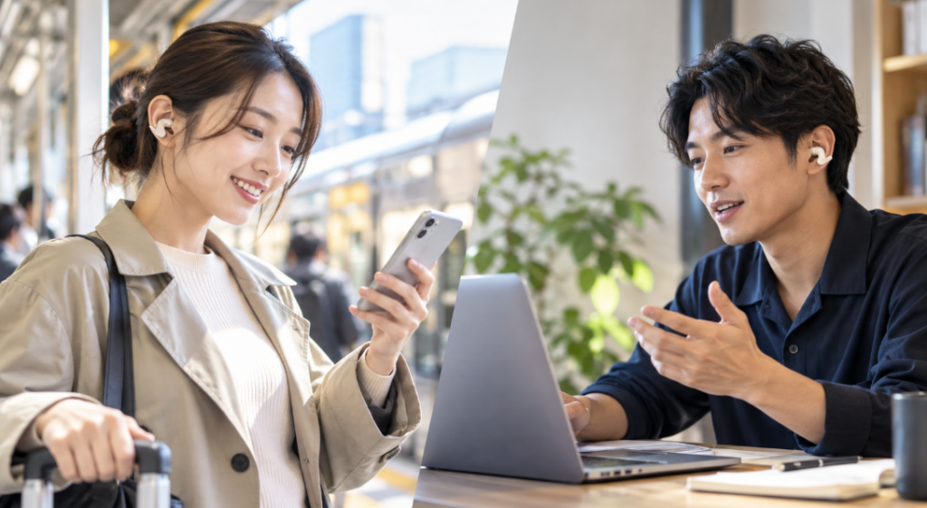 イヤーカフ型イヤホンを使い、移動中にスマホを見る女性とパソコンで通話する男性
