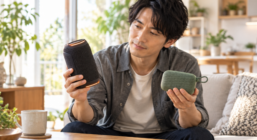 JBL GripとGo 4をイメージした大小2つのBluetoothスピーカーを手に持って比較する日本人男性