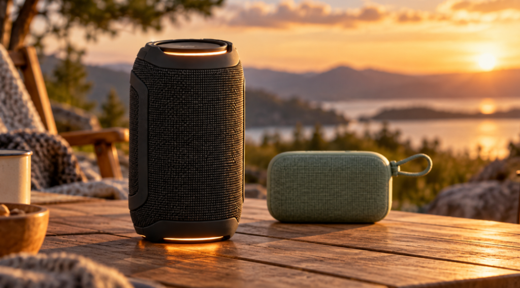 JBL GripとGo 4の音質比較をイメージした夕暮れの屋外に置かれた大小のポータブルスピーカー