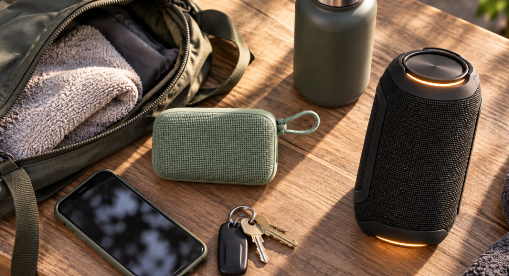 JBL GripとGo 4の携帯性を比較するイメージとしてバッグやスマートフォンと並べた大小のスピーカー