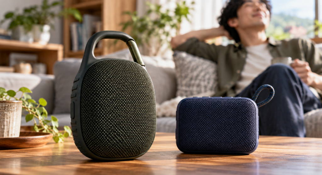 リビングに並ぶJBL CLIP 5とGO 4をイメージしたスピーカーと音楽を楽しむ男性