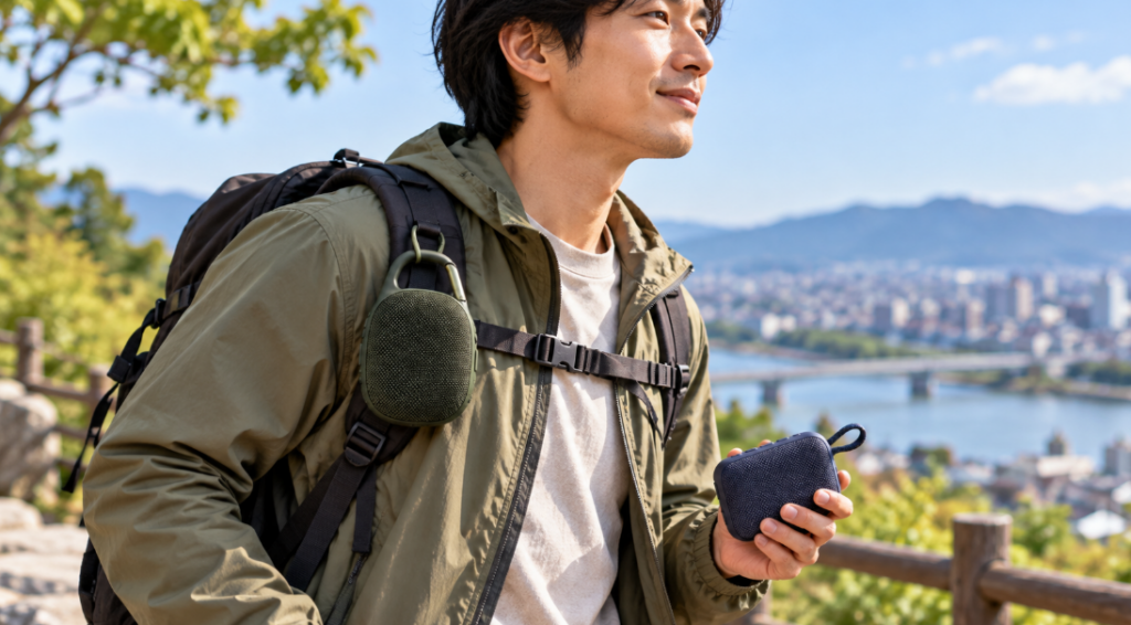 カラビナ付きスピーカーをリュックに掛け、小型スピーカーを手に持つ日本人男性