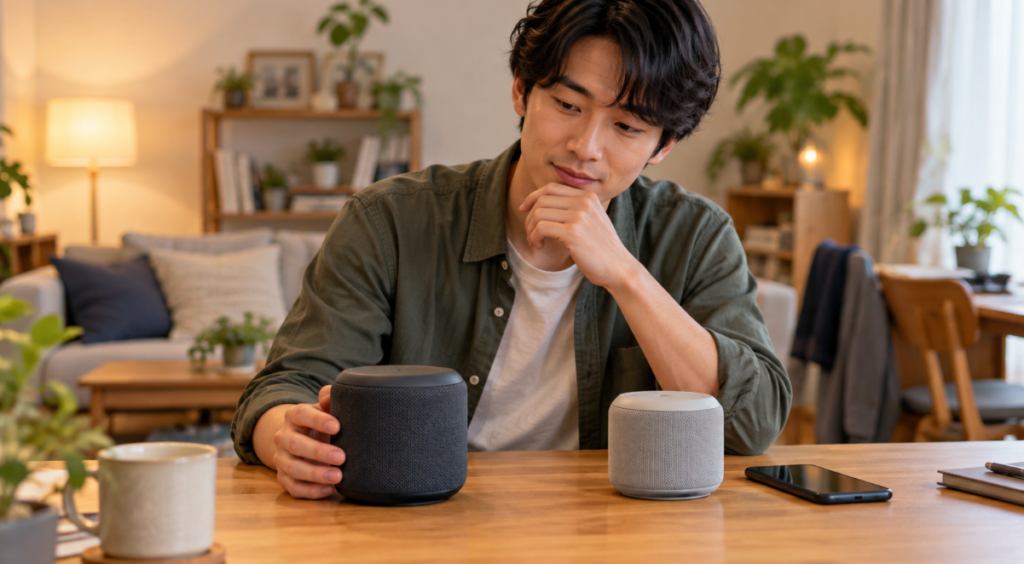 自宅のテーブルで大小2台のポータブルスピーカーを比較し、どちらを選ぶか考える日本人男性
