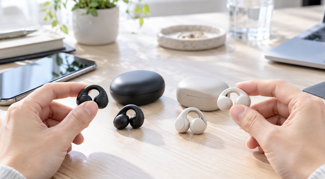 Soundcore C50iとSOUNDPEATS Clip1を比較するイメージ。黒と白のイヤーカフ型イヤホンを両手に持つ様子
