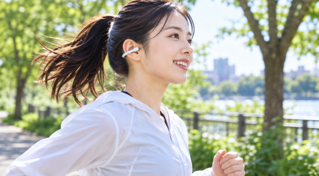 イヤーカフ型ワイヤレスイヤホンを耳に装着し、公園でランニングする日本人女性