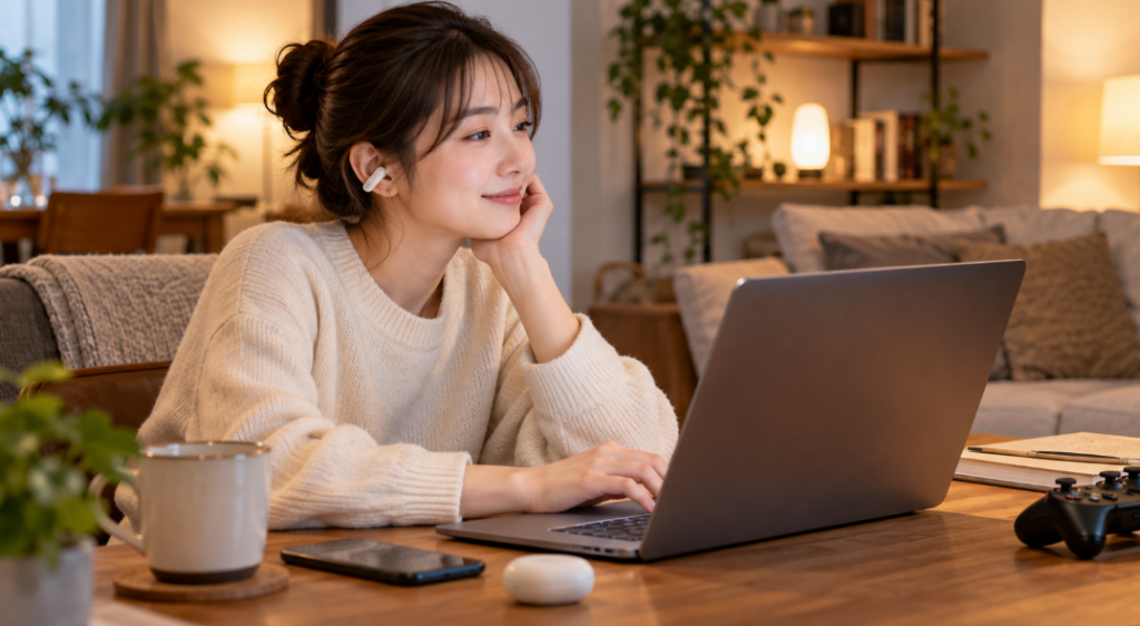 自宅でイヤーカフ型イヤホンを装着し、ノートパソコンを使う日本人女性。机には充電ケースとゲームコントローラー