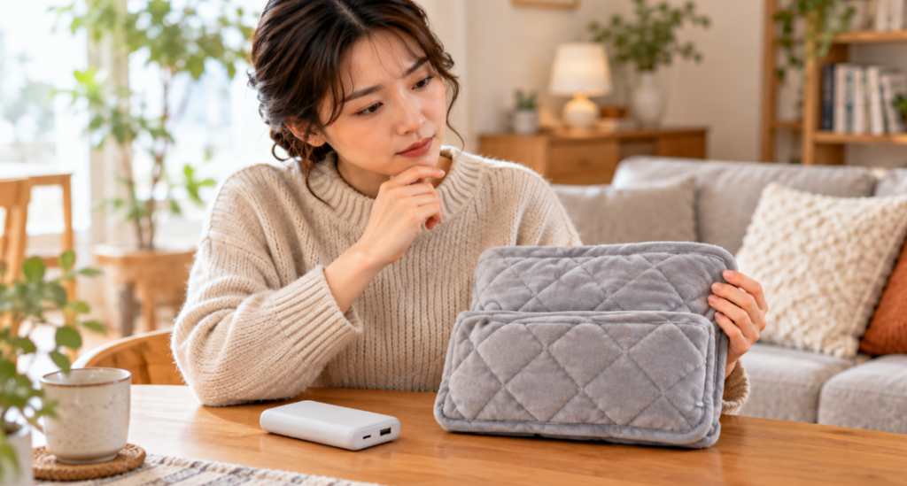おなかぽかぽかポッケをイメージしたグレーのクッションと別売のモバイルバッテリーを確認する女性